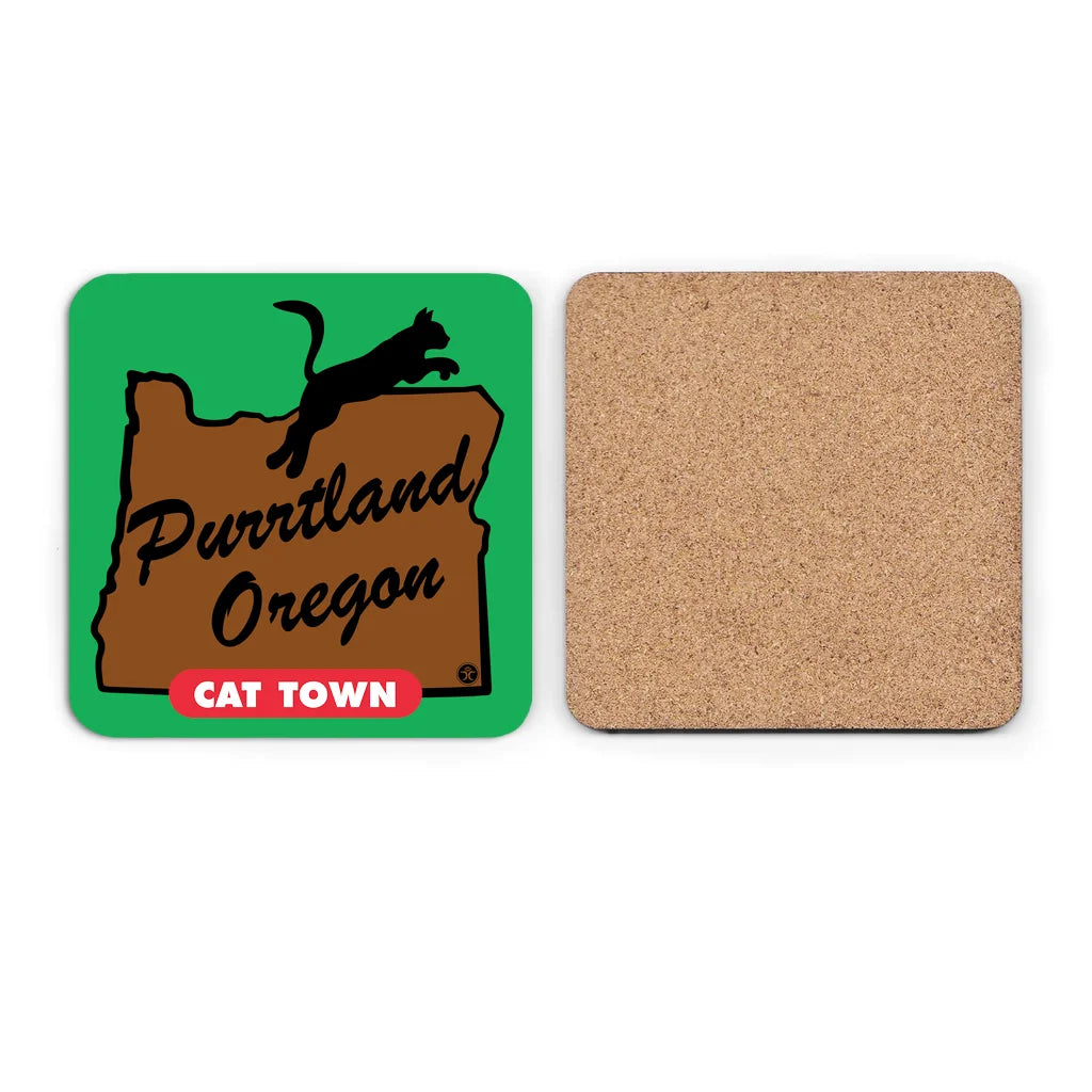 Black Cat Purrtland Cat Town - Green/brown - Cork Coaster